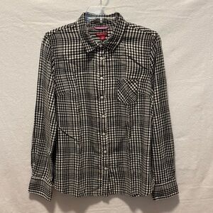 MERONA Women’s Check Black & White Button Down Long Sleeve Shirt Sz Large Preppy